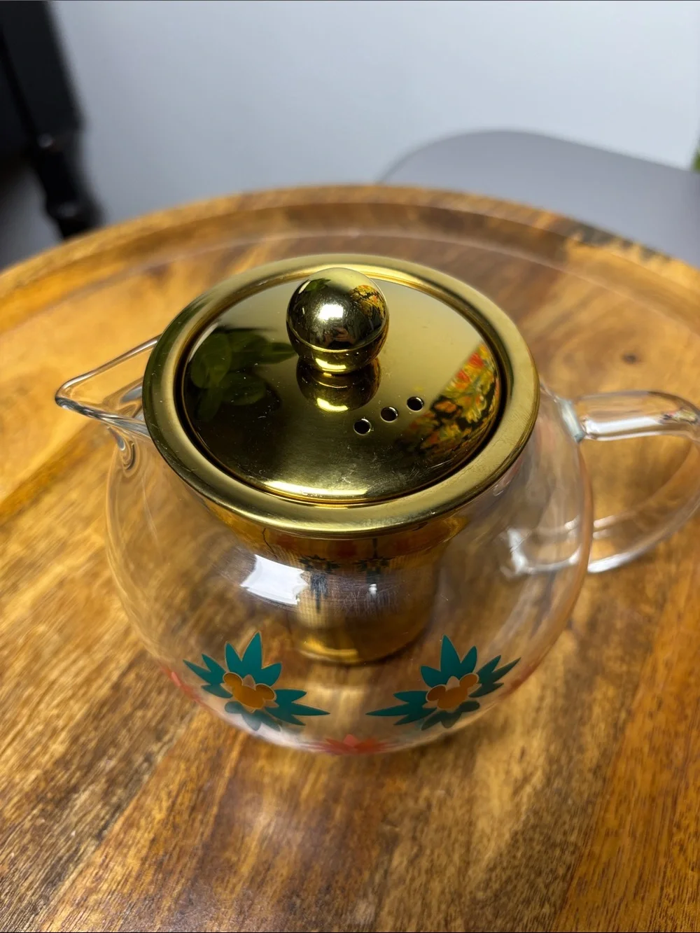 Disney Glass Teapot Infuser Loose Leaf Tea Gold Lid Floral Design Teal & Orange